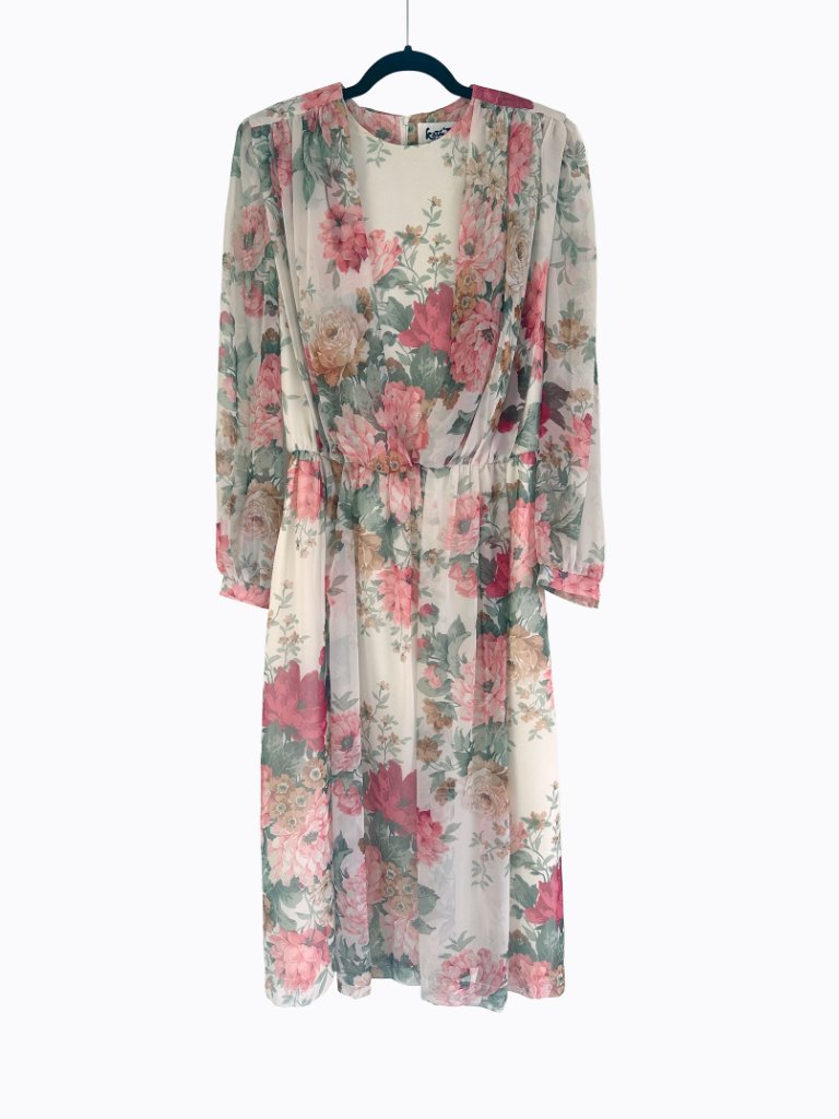 Vtg 80s Kathy J Floral Chiffon Midi Dress M 8/10 Sheer Puff Sleeve Romantic Chic